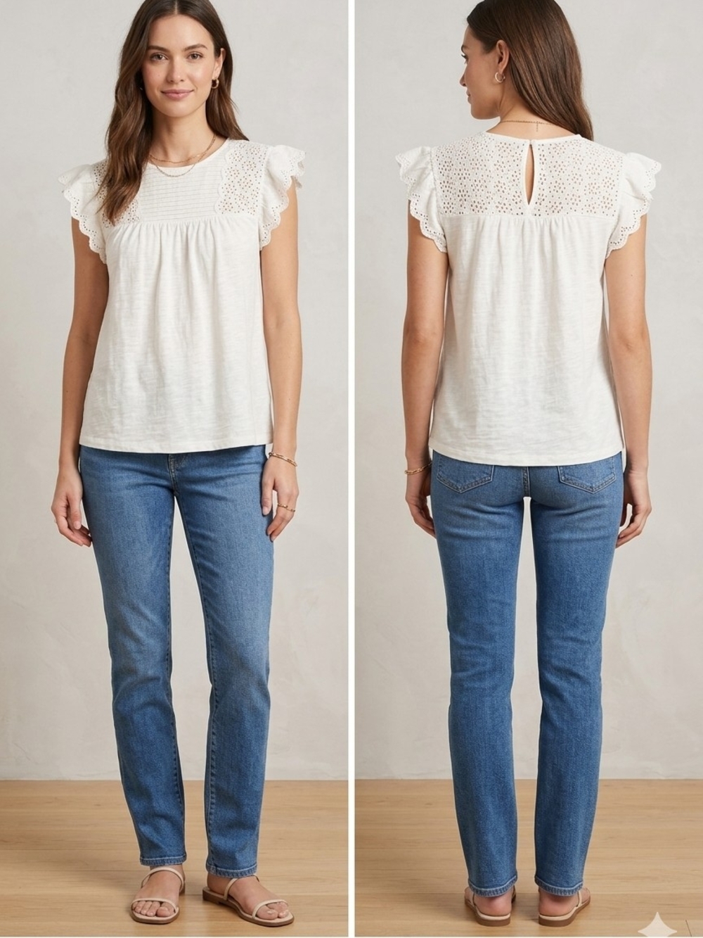 LOFT White Eyelet Ruffle Flutter Sleeve Blouse Round Neck Button S
